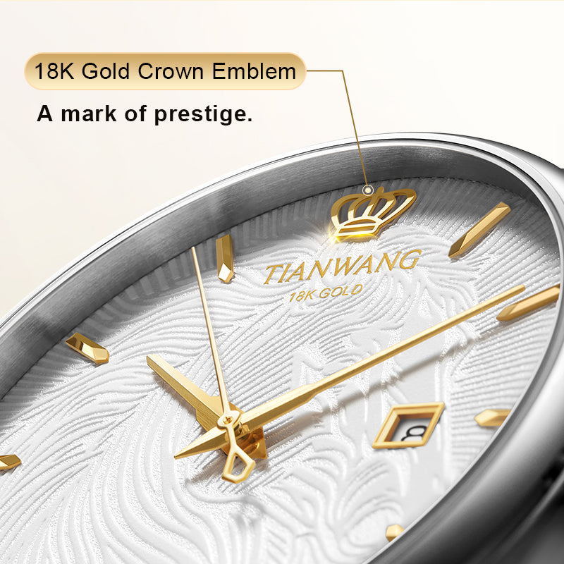 Close-up of Tianwang engraved dial with luminous details and layered textures
