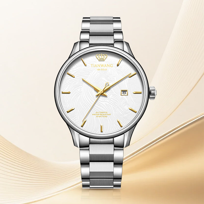 Front view of Tianwang automatic watch with engraved full-lume dial