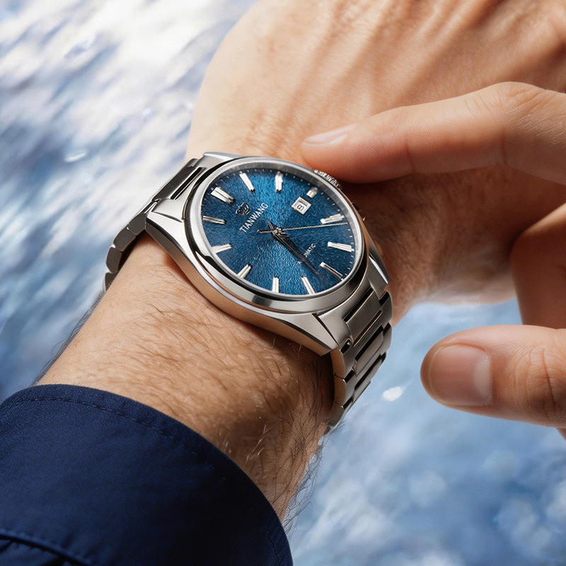 Tianwang automatic watch featuring Alpine Lake Blue textured dial
