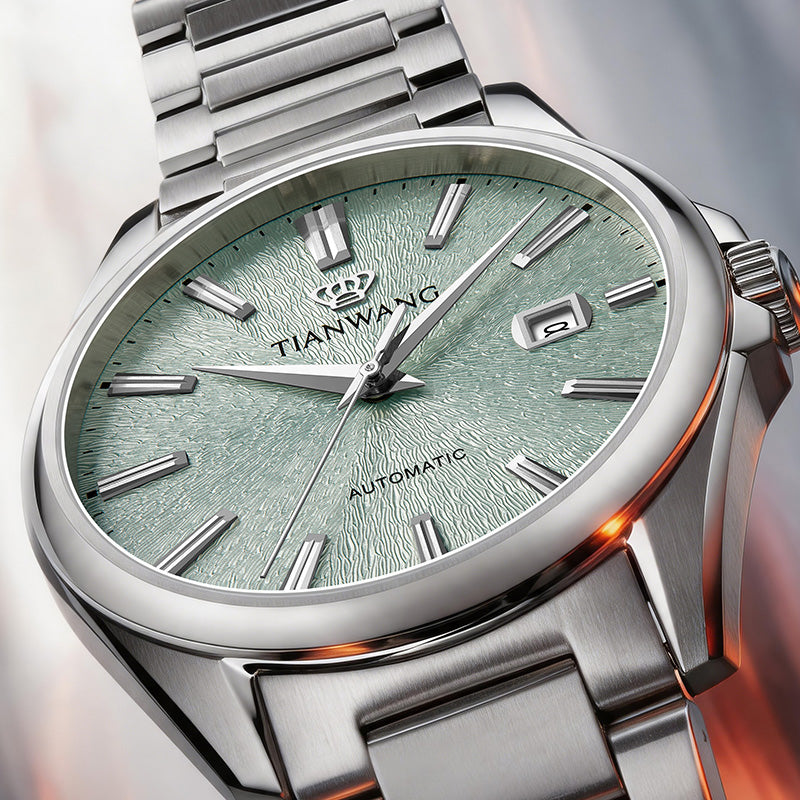 Close-up of Tianwang textured dial in Misty Valley Green