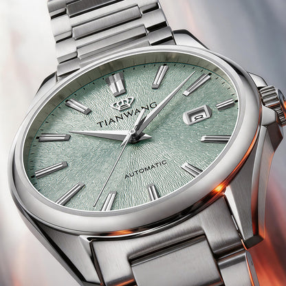 Close-up of Tianwang textured dial in Misty Valley Green