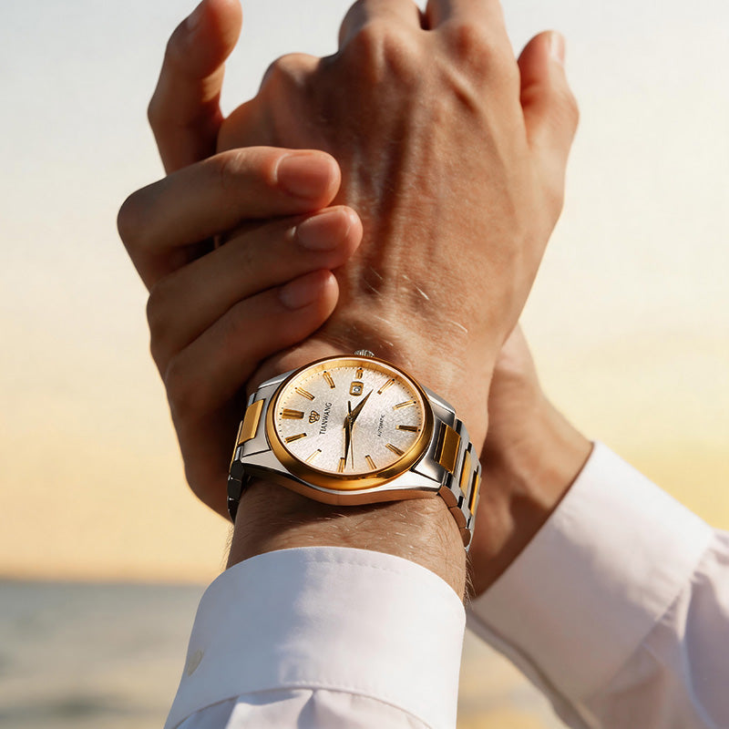 Tianwang automatic watch with Sunrise Peak Gold textured dial